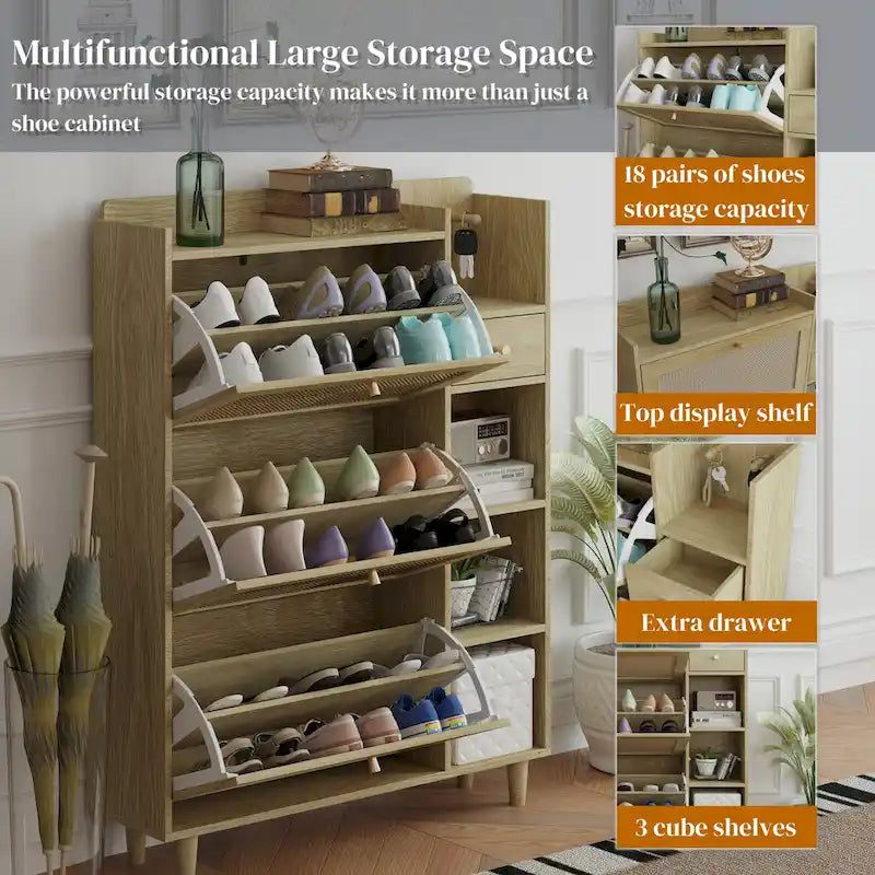 Meuble à Chaussures Abattant en Rotin – Bois Naturel, 3 Étagères & Tiroir de Rangement, Contient 18 Paires