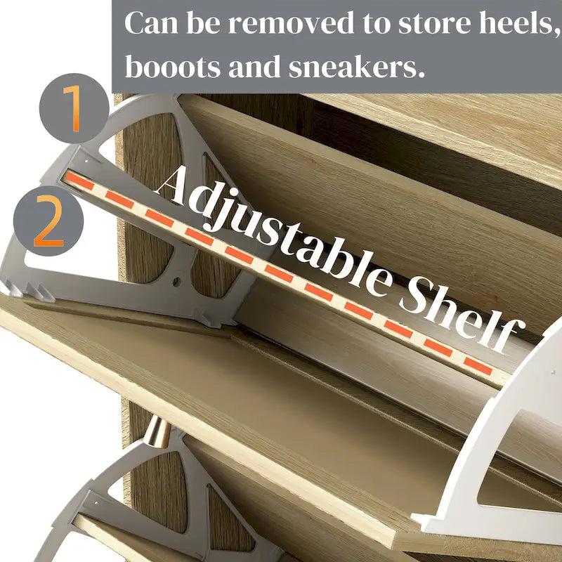 Meuble à Chaussures Abattant en Rotin – Bois Naturel, 3 Étagères & Tiroir de Rangement, Contient 18 Paires