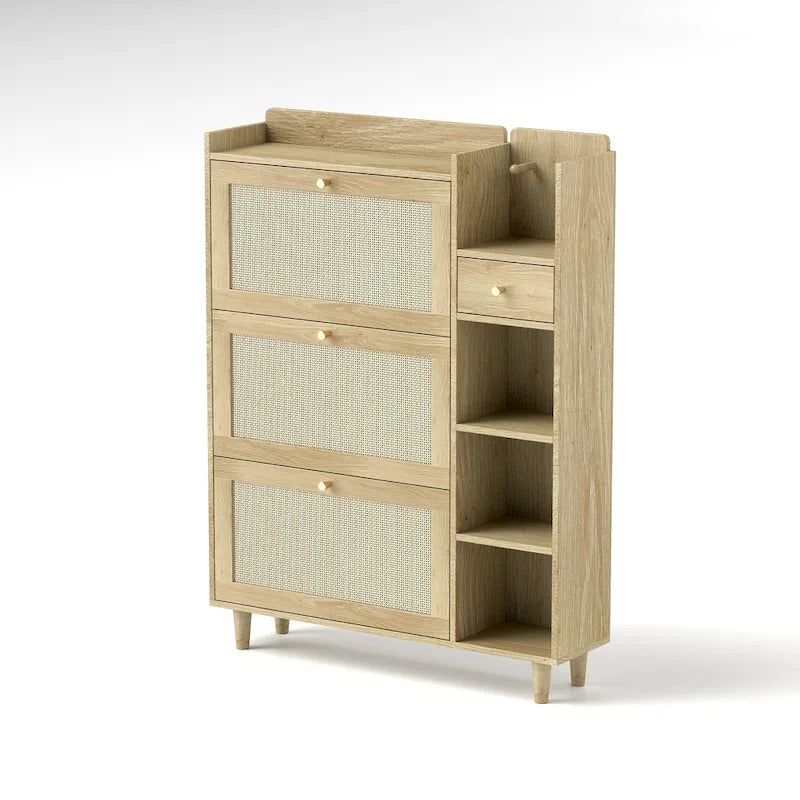Meuble à Chaussures Abattant en Rotin – Bois Naturel, 3 Étagères & Tiroir de Rangement, Contient 18 Paires