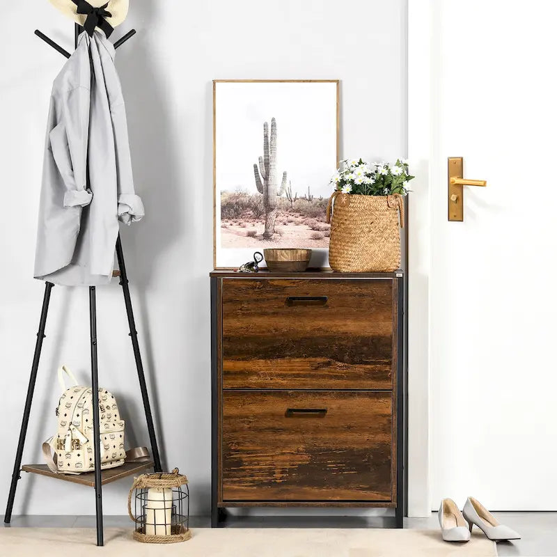 Meuble à chaussures étroit à portes basculantes – Marron rustique, style industriel, peut contenir 12 paires