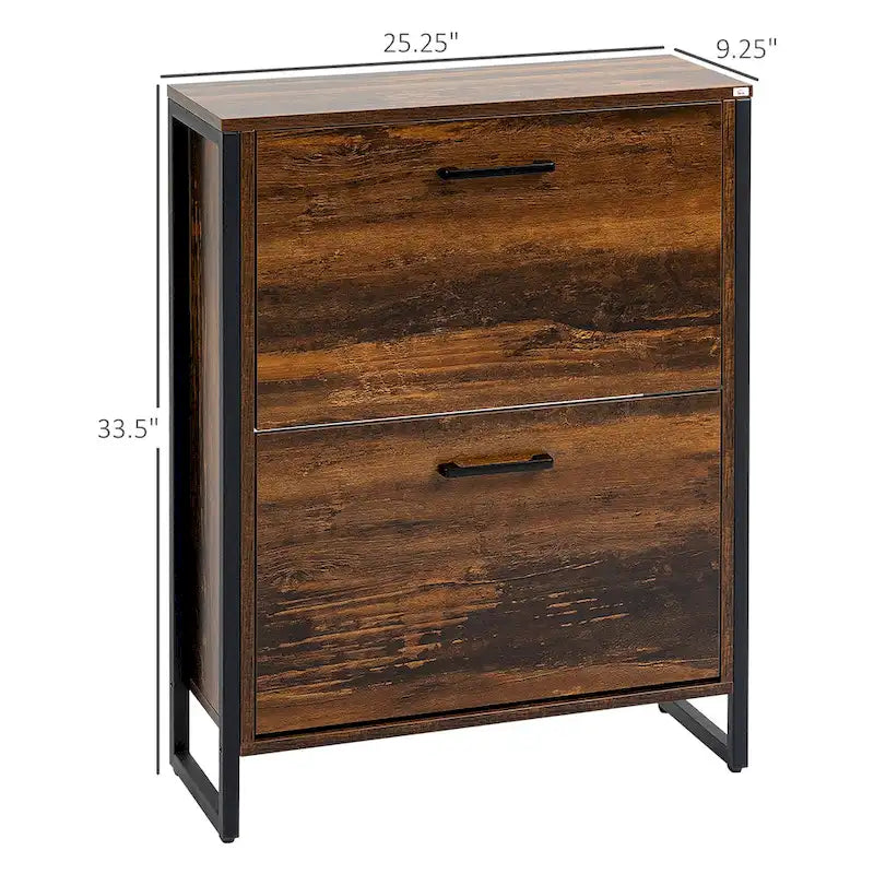 Meuble à chaussures étroit à portes basculantes – Marron rustique, style industriel, peut contenir 12 paires