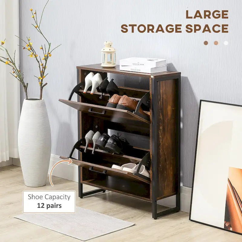 Meuble à chaussures étroit à portes basculantes – Marron rustique, style industriel, peut contenir 12 paires