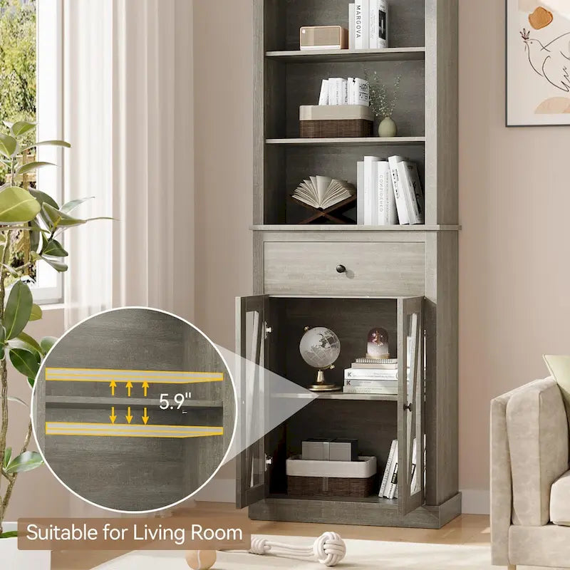 Meuble de Rangement Haut et Étroit avec 5 Étagères et Tiroir – Gris, MDF, Anti-Basculement, 169 cm de Hauteur