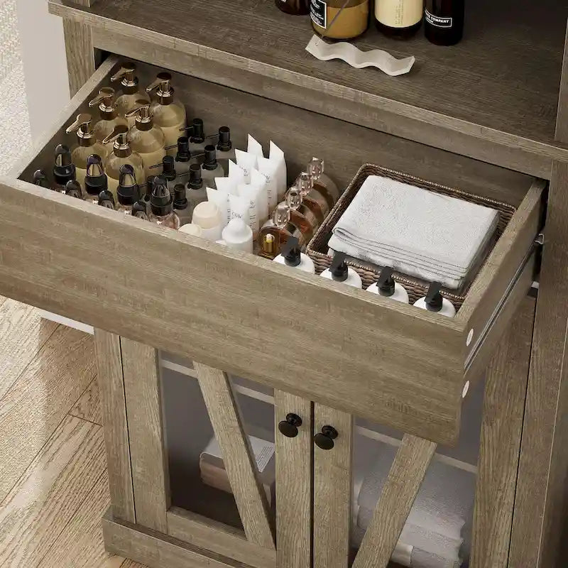 Meuble de Rangement Haut et Étroit avec 5 Étagères et Tiroir – Gris, MDF, Anti-Basculement, 169 cm de Hauteur
