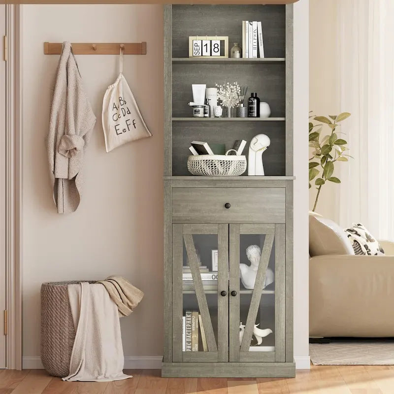Meuble de Rangement Haut et Étroit avec 5 Étagères et Tiroir – Gris, MDF, Anti-Basculement, 169 cm de Hauteur