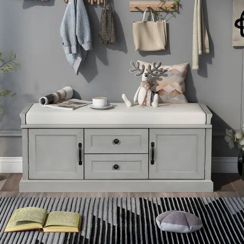 Banc de rangement pour entrée avec 2 tiroirs et 2 placards – Blanc / Marine / Expresso / Gris / Noir, coussin en velours
