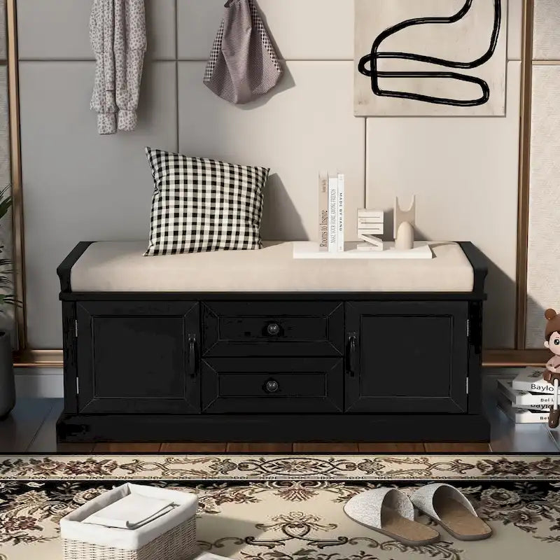 Banc de rangement pour entrée avec 2 tiroirs et 2 placards – Blanc / Marine / Expresso / Gris / Noir, coussin en velours