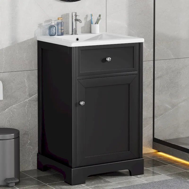Meuble-lavabo autoportant de 20 po avec évier en céramique – Gris/Noir, MDF, 2 niveaux de rangement