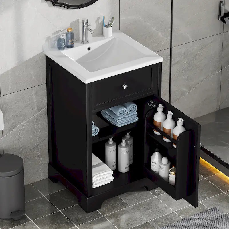 Meuble-lavabo autoportant de 20 po avec évier en céramique – Gris/Noir, MDF, 2 niveaux de rangement