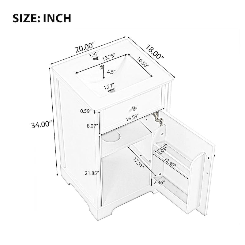 Meuble-lavabo autoportant de 20 po avec évier en céramique – Gris/Noir, MDF, 2 niveaux de rangement