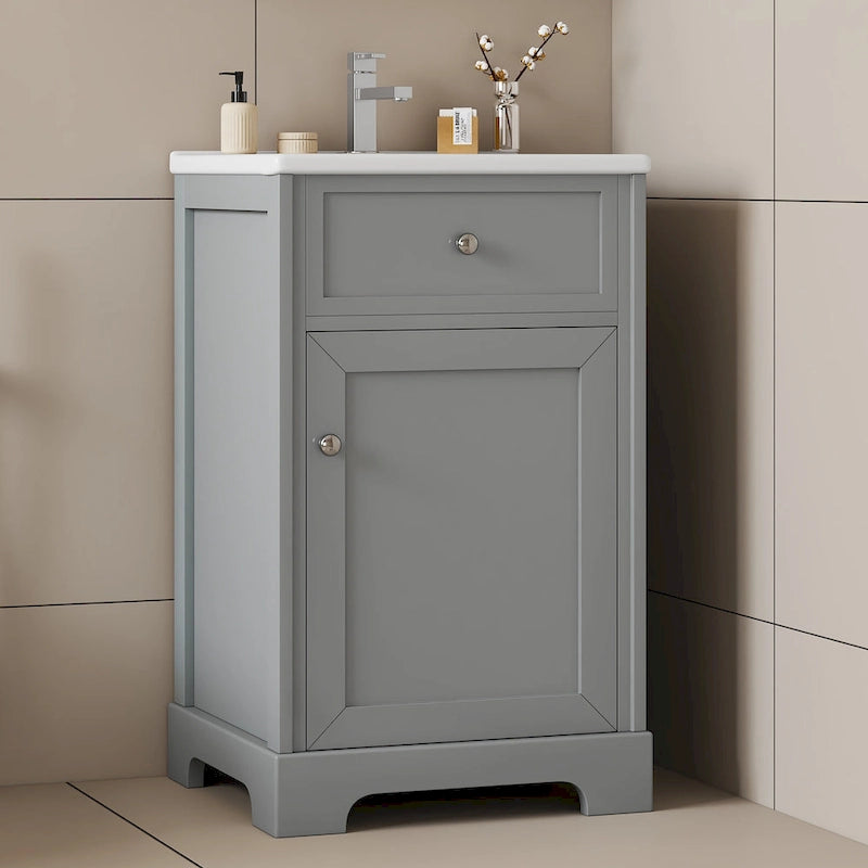 Meuble-lavabo autoportant de 20 po avec évier en céramique – Gris/Noir, MDF, 2 niveaux de rangement
