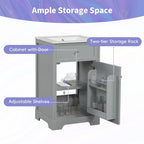 Meuble-lavabo autoportant de 20 po avec évier en céramique – Gris/Noir, MDF, 2 niveaux de rangement
