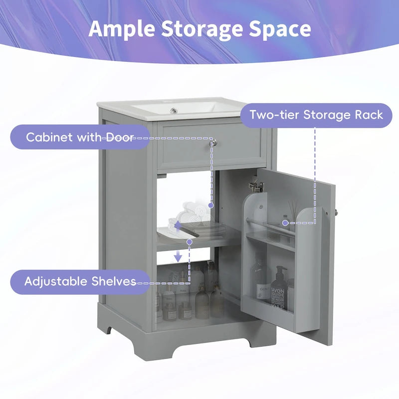 Meuble-lavabo autoportant de 20 po avec évier en céramique – Gris/Noir, MDF, 2 niveaux de rangement