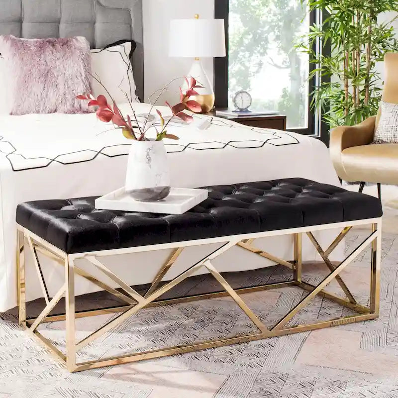 Banc rectangulaire capitonné en velours avec piètement géométrique doré – Noir, 2 places