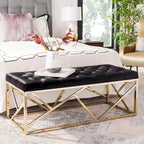Banc rectangulaire capitonné en velours avec piètement géométrique doré – Noir, 2 places