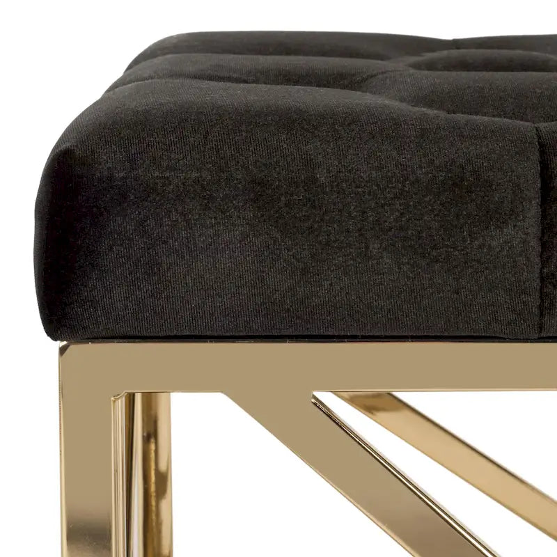 Banc rectangulaire capitonné en velours avec piètement géométrique doré – Noir, 2 places