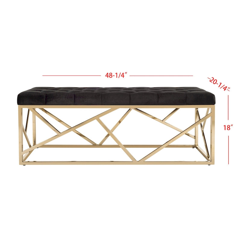 Banc rectangulaire capitonné en velours avec piètement géométrique doré – Noir, 2 places