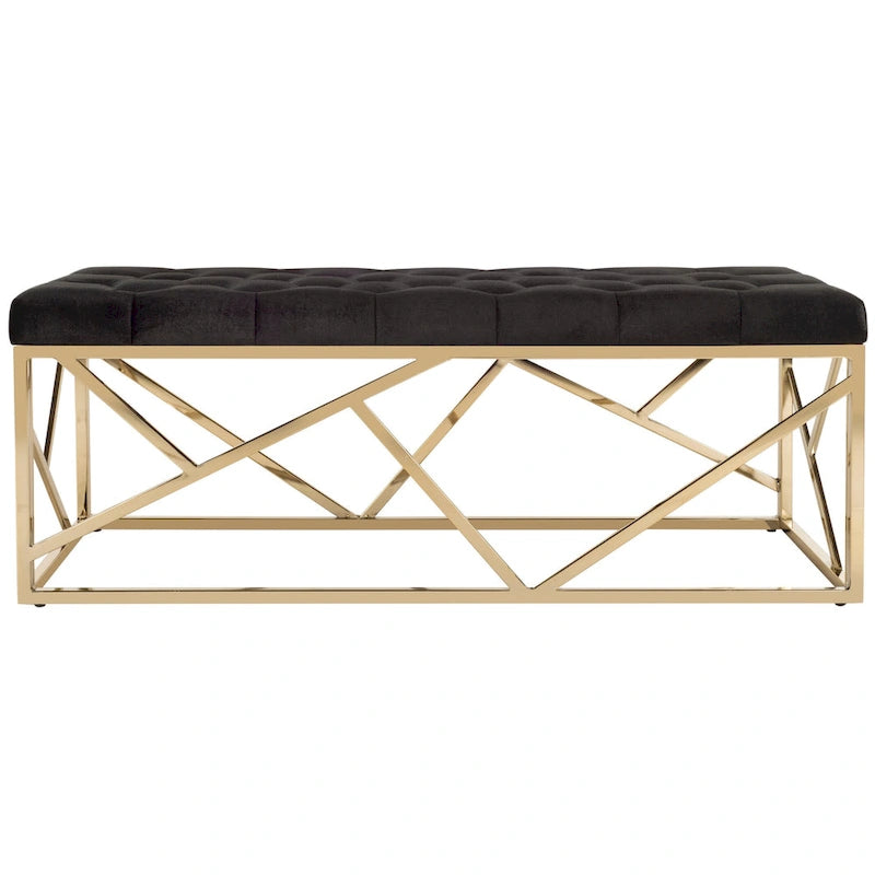 Banc rectangulaire capitonné en velours avec piètement géométrique doré – Noir, 2 places