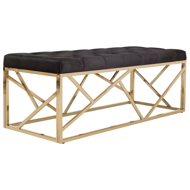 Banc rectangulaire capitonné en velours avec piètement géométrique doré – Noir, 2 places