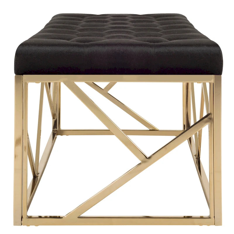 Banc rectangulaire capitonné en velours avec piètement géométrique doré – Noir, 2 places