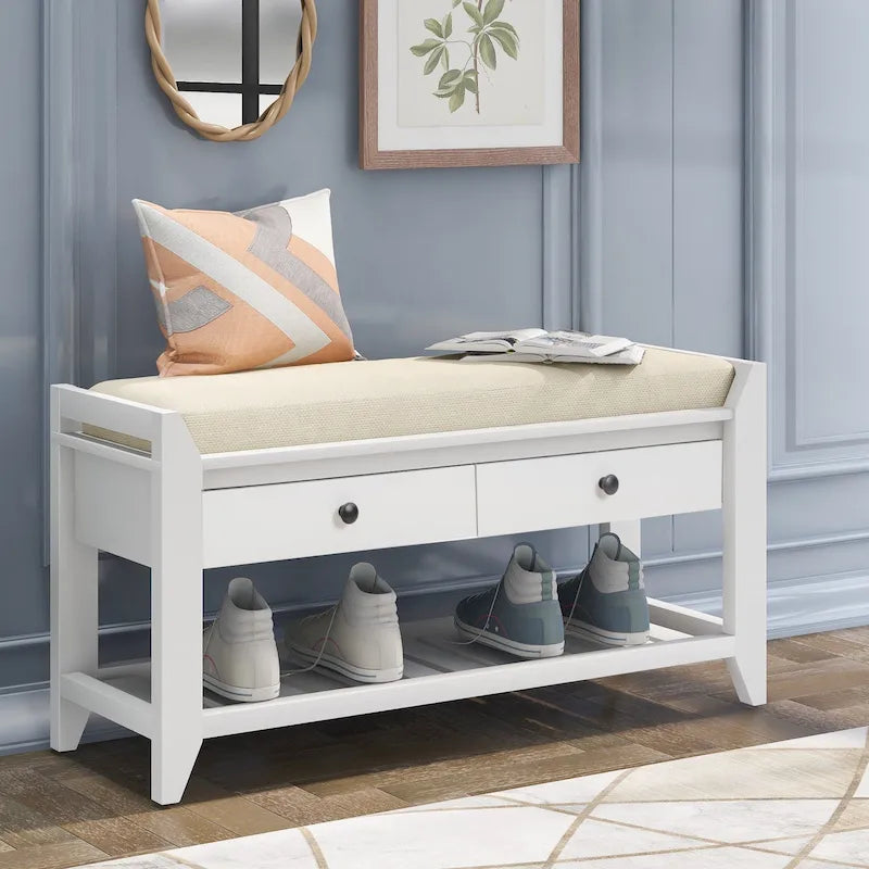 Banc à chaussures avec siège rembourré et tiroirs – Blanc / Espresso / Gris, Bois de pin