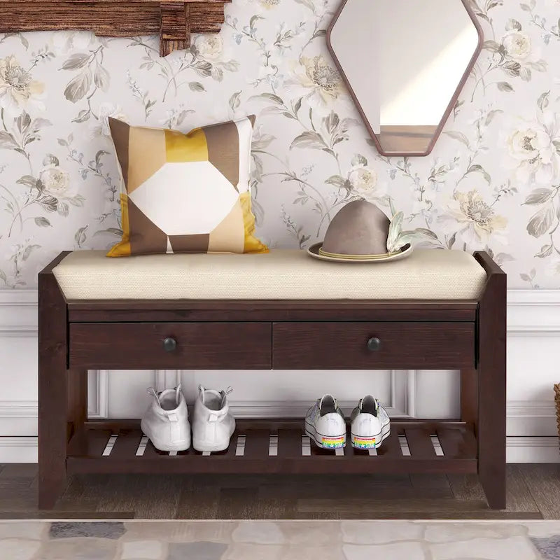 Banc à chaussures avec siège rembourré et tiroirs – Blanc / Espresso / Gris, Bois de pin