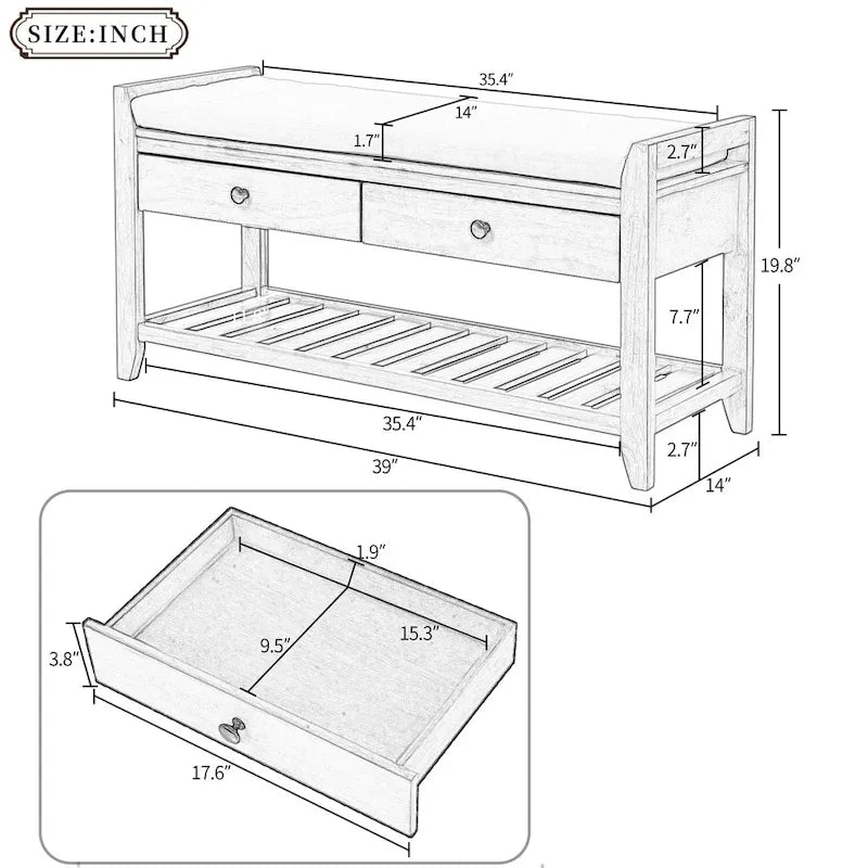 Banc à chaussures avec siège rembourré et tiroirs – Blanc / Espresso / Gris, Bois de pin