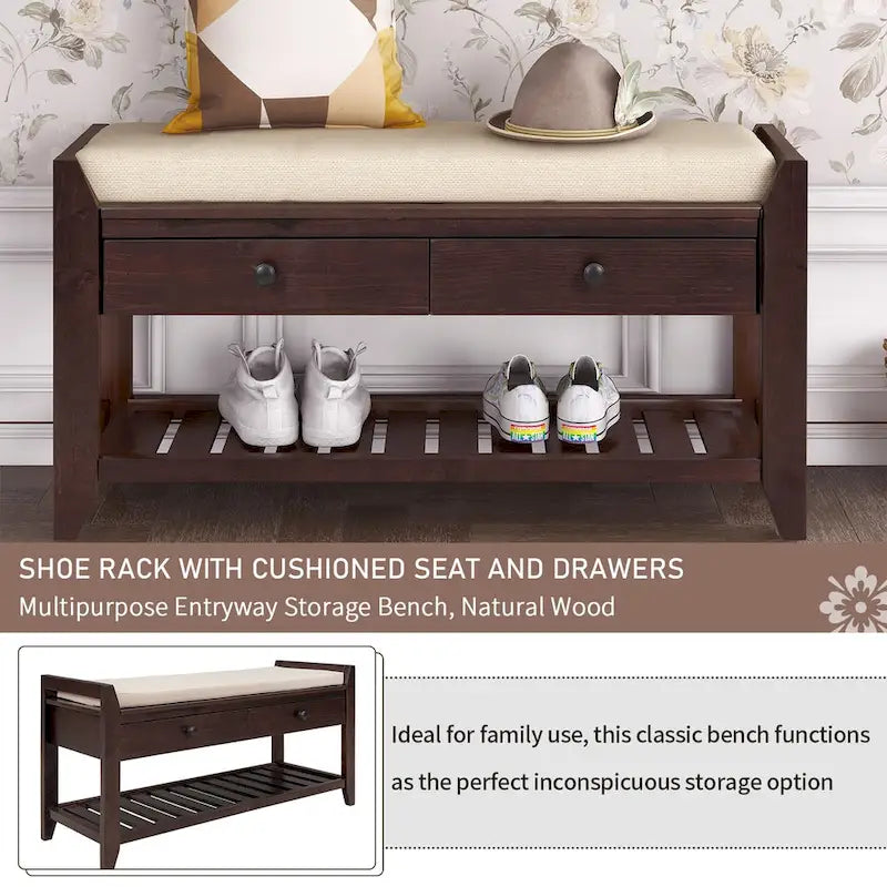 Banc à chaussures avec siège rembourré et tiroirs – Blanc / Espresso / Gris, Bois de pin