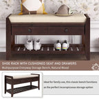 Banc à chaussures avec siège rembourré et tiroirs – Blanc / Espresso / Gris, Bois de pin