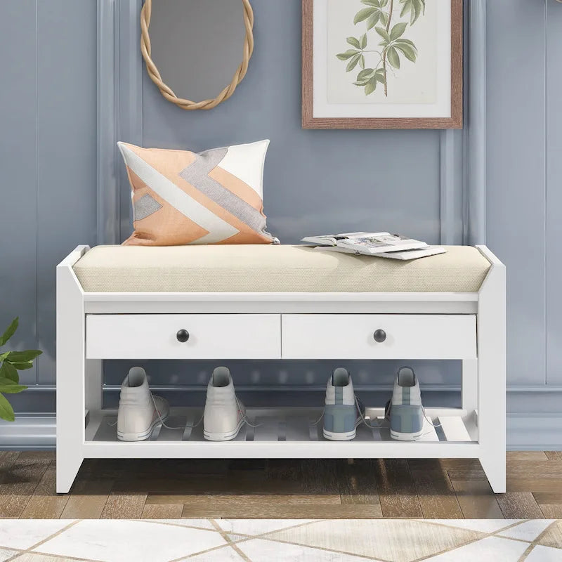 Banc à chaussures avec siège rembourré et tiroirs – Blanc / Espresso / Gris, Bois de pin