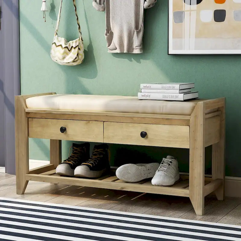 Banc à chaussures avec siège rembourré et tiroirs – Blanc / Espresso / Gris, Bois de pin