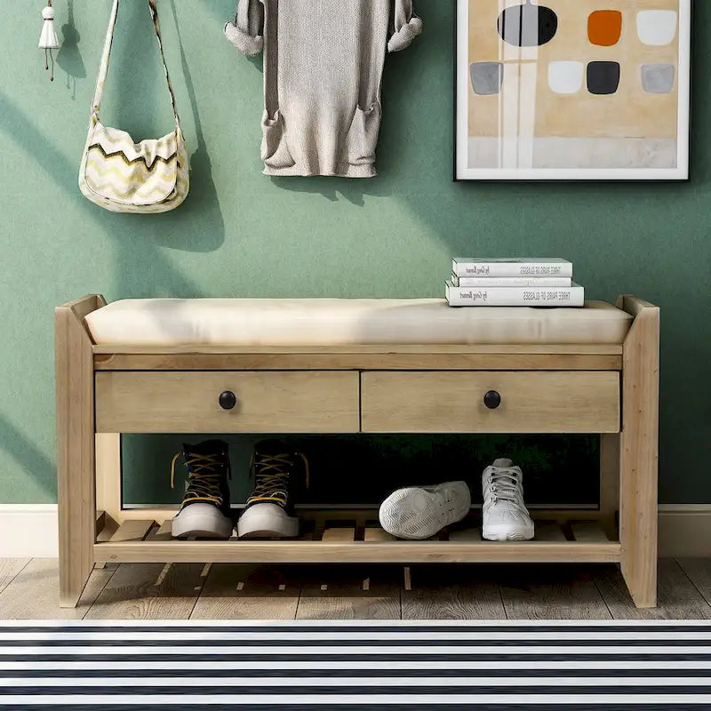 Banc à chaussures avec siège rembourré et tiroirs – Blanc / Espresso / Gris, Bois de pin
