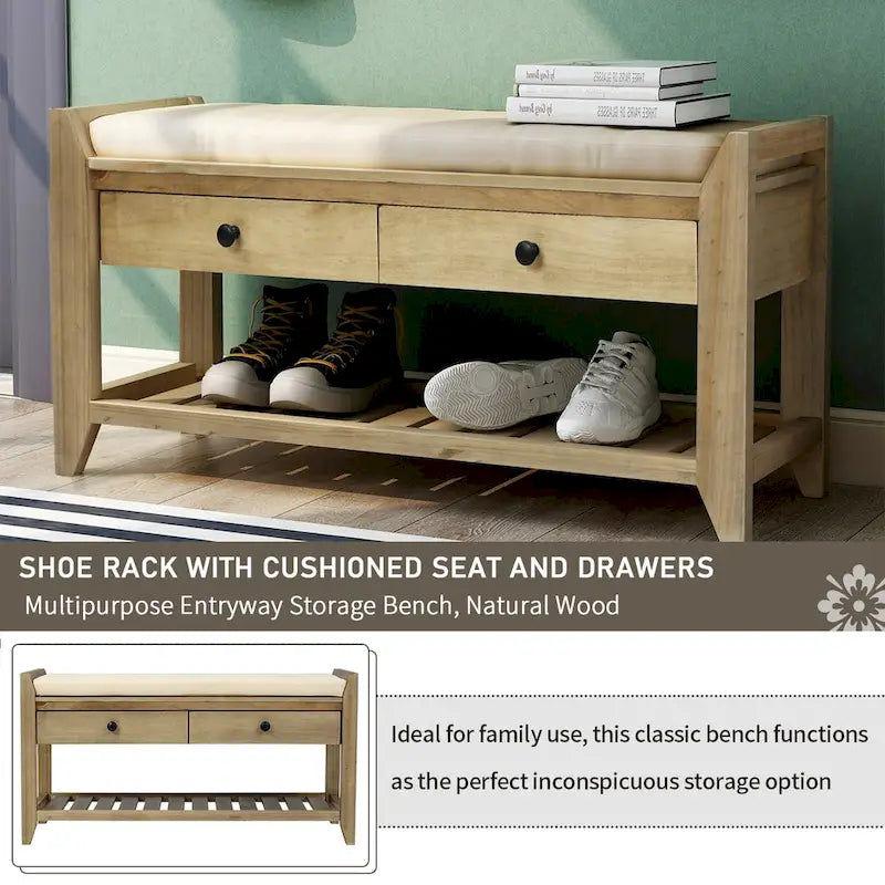 Banc à chaussures avec siège rembourré et tiroirs – Blanc / Espresso / Gris, Bois de pin