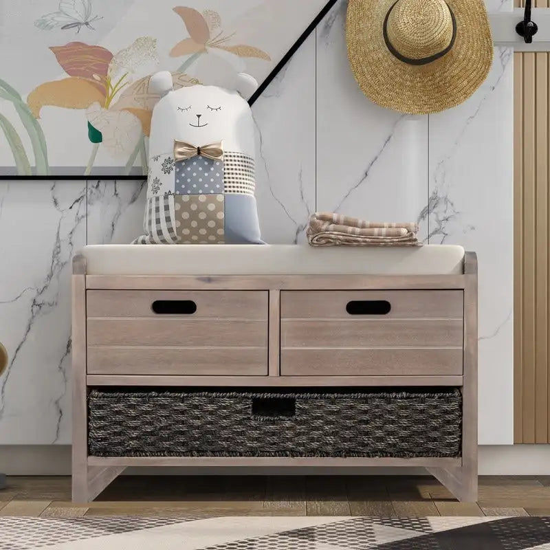 Banc de Rangement d'Entrée avec Coussin, 2 Tiroirs & Panier Amovible – Blanc Vieilli / Blanc / Marine / Espresso, 1 Place