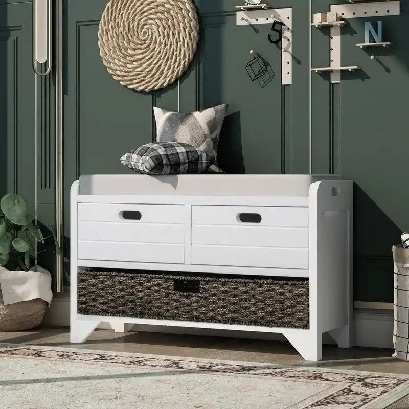 Banc de Rangement d'Entrée avec Coussin, 2 Tiroirs & Panier Amovible – Blanc Vieilli / Blanc / Marine / Espresso, 1 Place