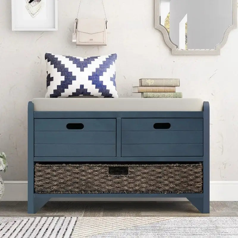 Banc de Rangement d'Entrée avec Coussin, 2 Tiroirs & Panier Amovible – Blanc Vieilli / Blanc / Marine / Espresso, 1 Place