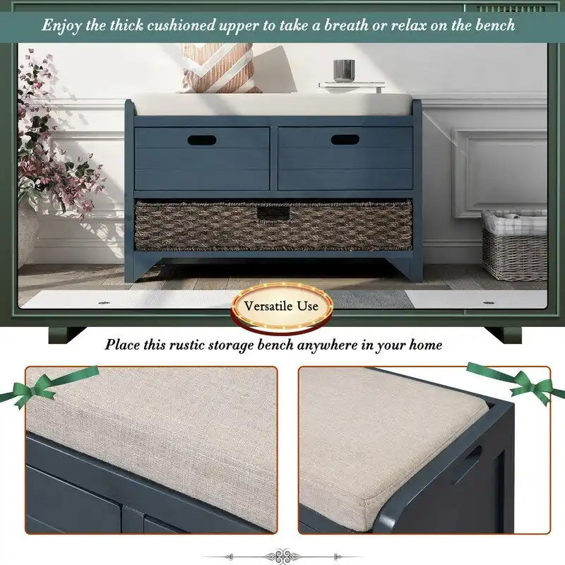 Banc de Rangement d'Entrée avec Coussin, 2 Tiroirs & Panier Amovible – Blanc Vieilli / Blanc / Marine / Espresso, 1 Place
