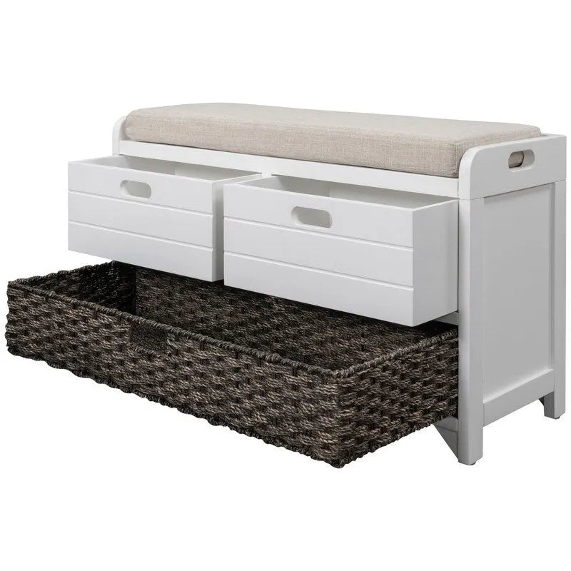 Banc de Rangement d'Entrée avec Coussin, 2 Tiroirs & Panier Amovible – Blanc Vieilli / Blanc / Marine / Espresso, 1 Place
