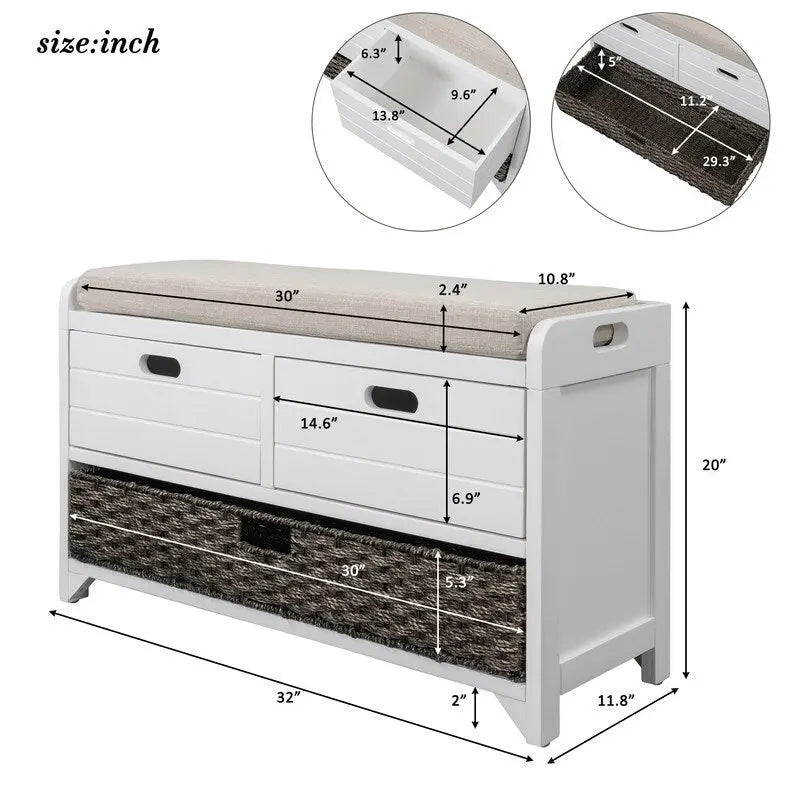 Banc de Rangement d'Entrée avec Coussin, 2 Tiroirs & Panier Amovible – Blanc Vieilli / Blanc / Marine / Espresso, 1 Place