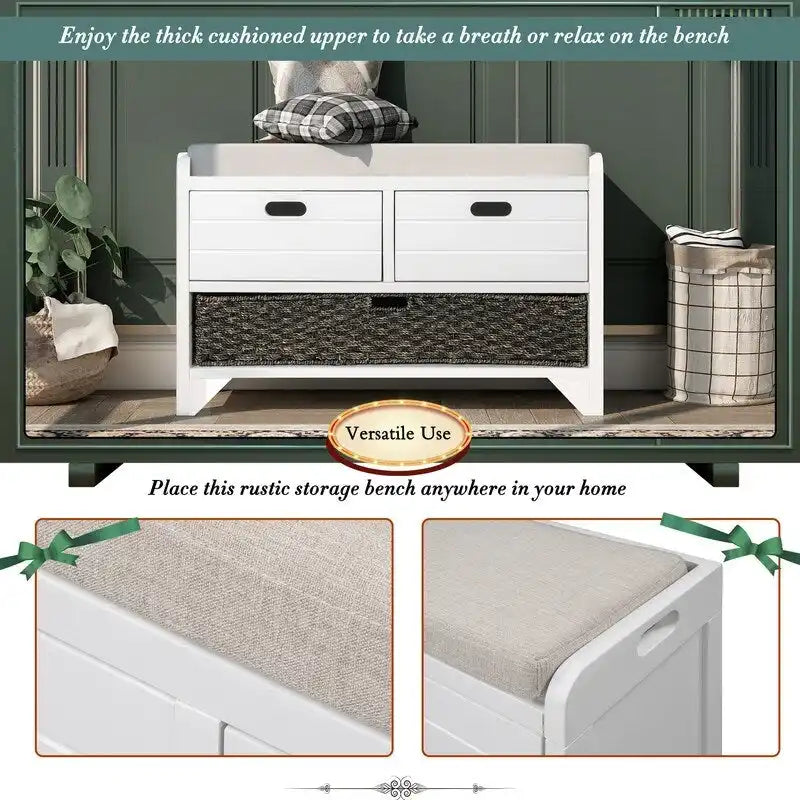 Banc de Rangement d'Entrée avec Coussin, 2 Tiroirs & Panier Amovible – Blanc Vieilli / Blanc / Marine / Espresso, 1 Place