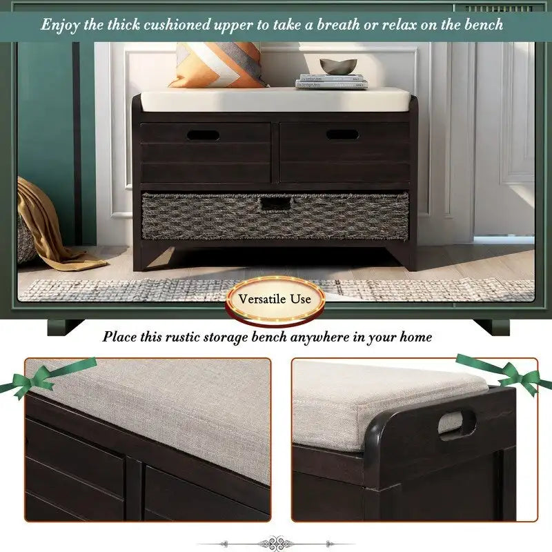 Banc de Rangement d'Entrée avec Coussin, 2 Tiroirs & Panier Amovible – Blanc Vieilli / Blanc / Marine / Espresso, 1 Place