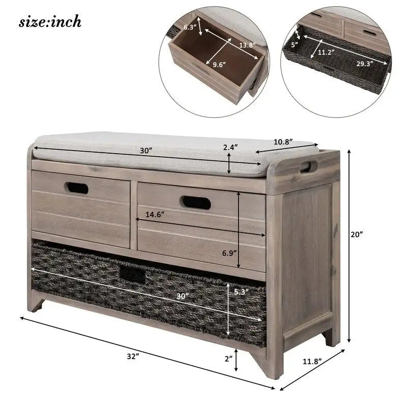 Banc de Rangement d'Entrée avec Coussin, 2 Tiroirs & Panier Amovible – Blanc Vieilli / Blanc / Marine / Espresso, 1 Place