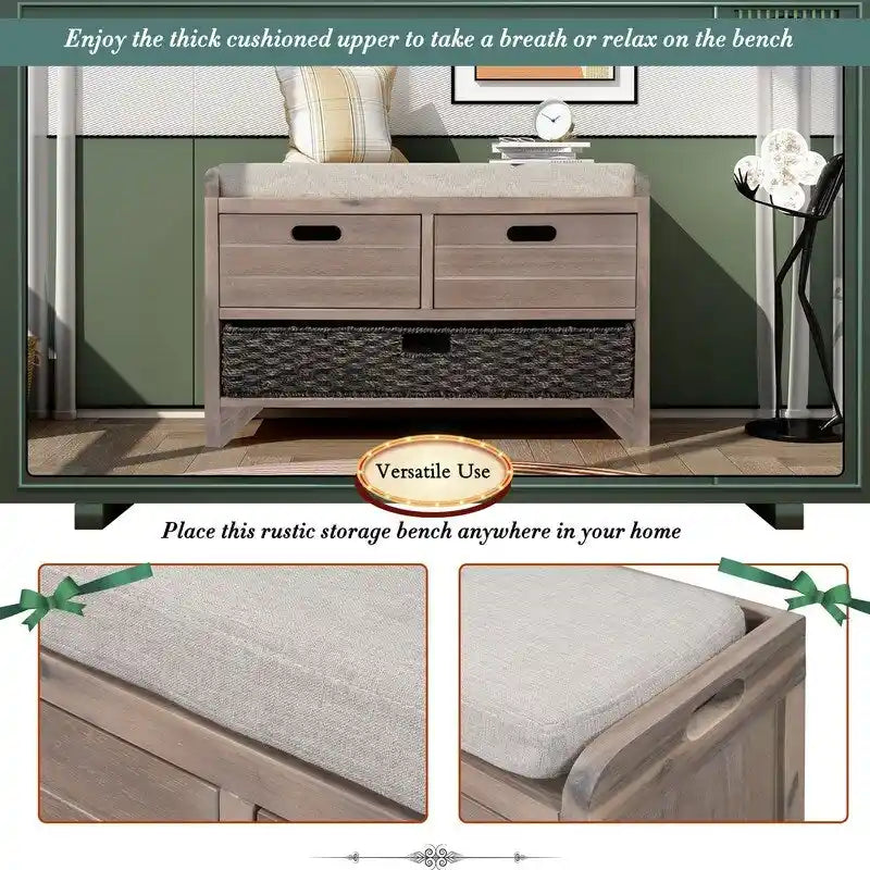 Banc de Rangement d'Entrée avec Coussin, 2 Tiroirs & Panier Amovible – Blanc Vieilli / Blanc / Marine / Espresso, 1 Place