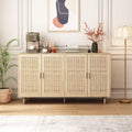 Meuble de rangement 4 portes en rotin – Naturel/noir, pieds en bois, étagère réglable
