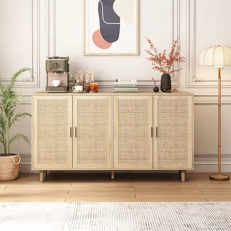 Meuble de rangement 4 portes en rotin – Naturel/noir, pieds en bois, étagère réglable