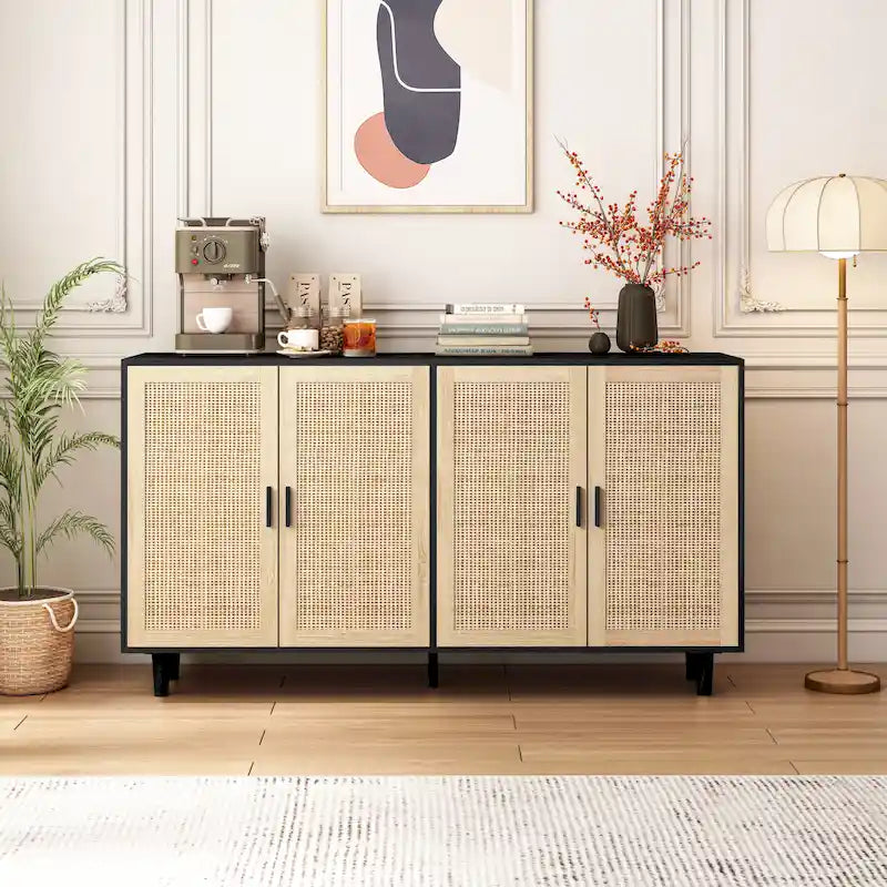 Meuble de rangement 4 portes en rotin – Naturel/noir, pieds en bois, étagère réglable