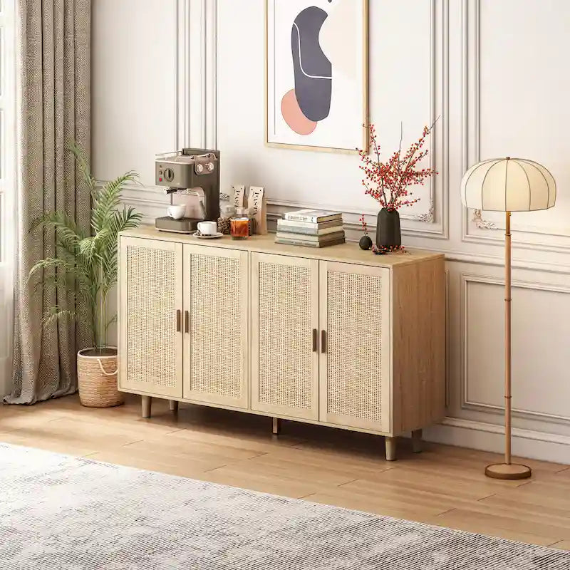 Meuble de rangement 4 portes en rotin – Naturel/noir, pieds en bois, étagère réglable