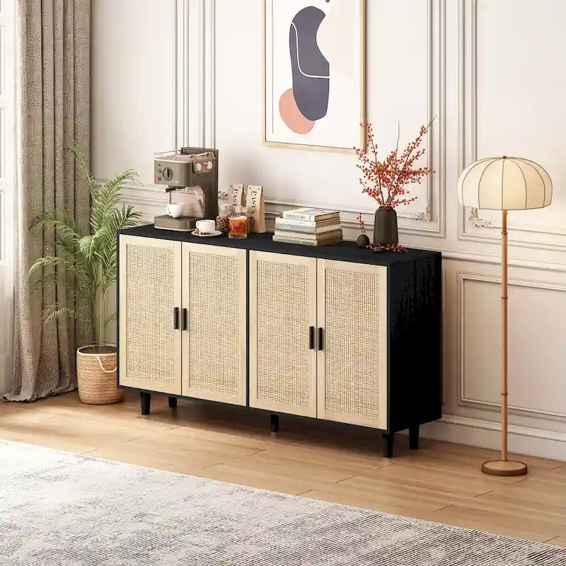 Meuble de rangement 4 portes en rotin – Naturel/noir, pieds en bois, étagère réglable