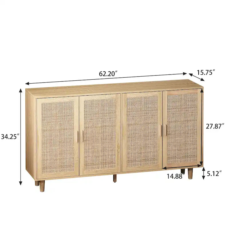 Meuble de rangement 4 portes en rotin – Naturel/noir, pieds en bois, étagère réglable