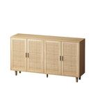 Meuble de rangement 4 portes en rotin – Naturel/noir, pieds en bois, étagère réglable